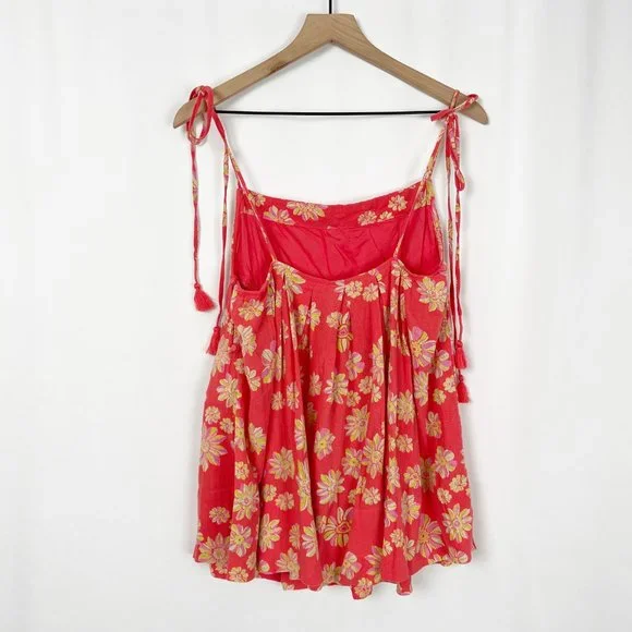 Free People Indigo Molly Tunic Tank Top Blouse Floral Boho Oversized Tie Tassel - Picture 12 of 14